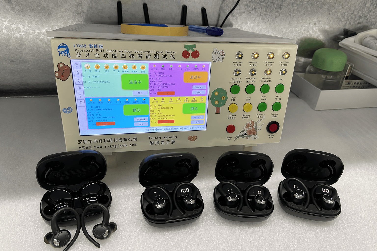 Testing station where TWS earbuds undergo functional and battery tests